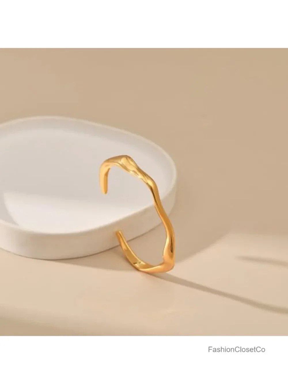 14K Gold Irregular Open Cuff Bangle Bracelet Chunky Minimalist Wave